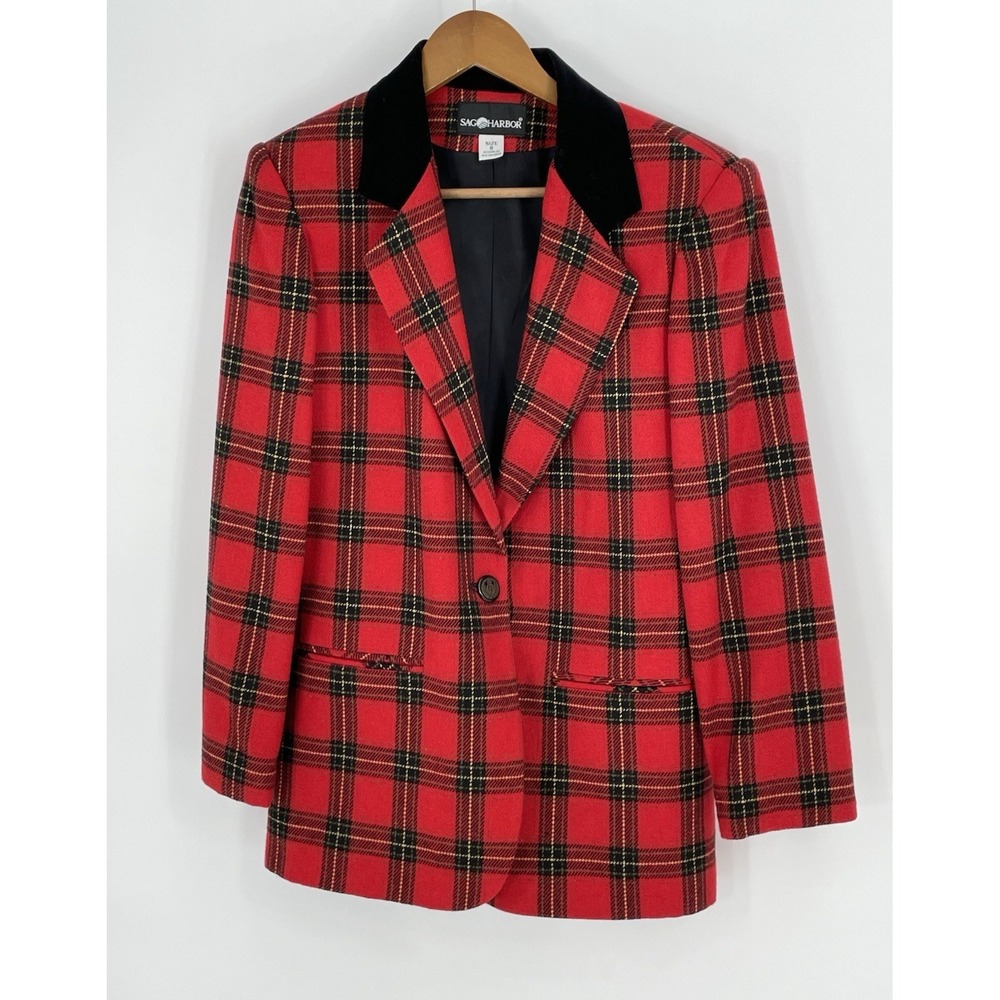 Vintage Sag Harbor Size 8 Red Plaid Tartan Blazer Black Velvet Collar Wool Blend